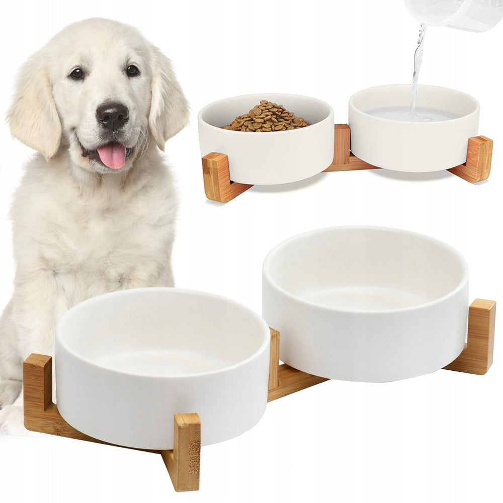 CAT DOG BOWLS DOUBLE ON BAMBOO STAND CERAMIC WHITE SET