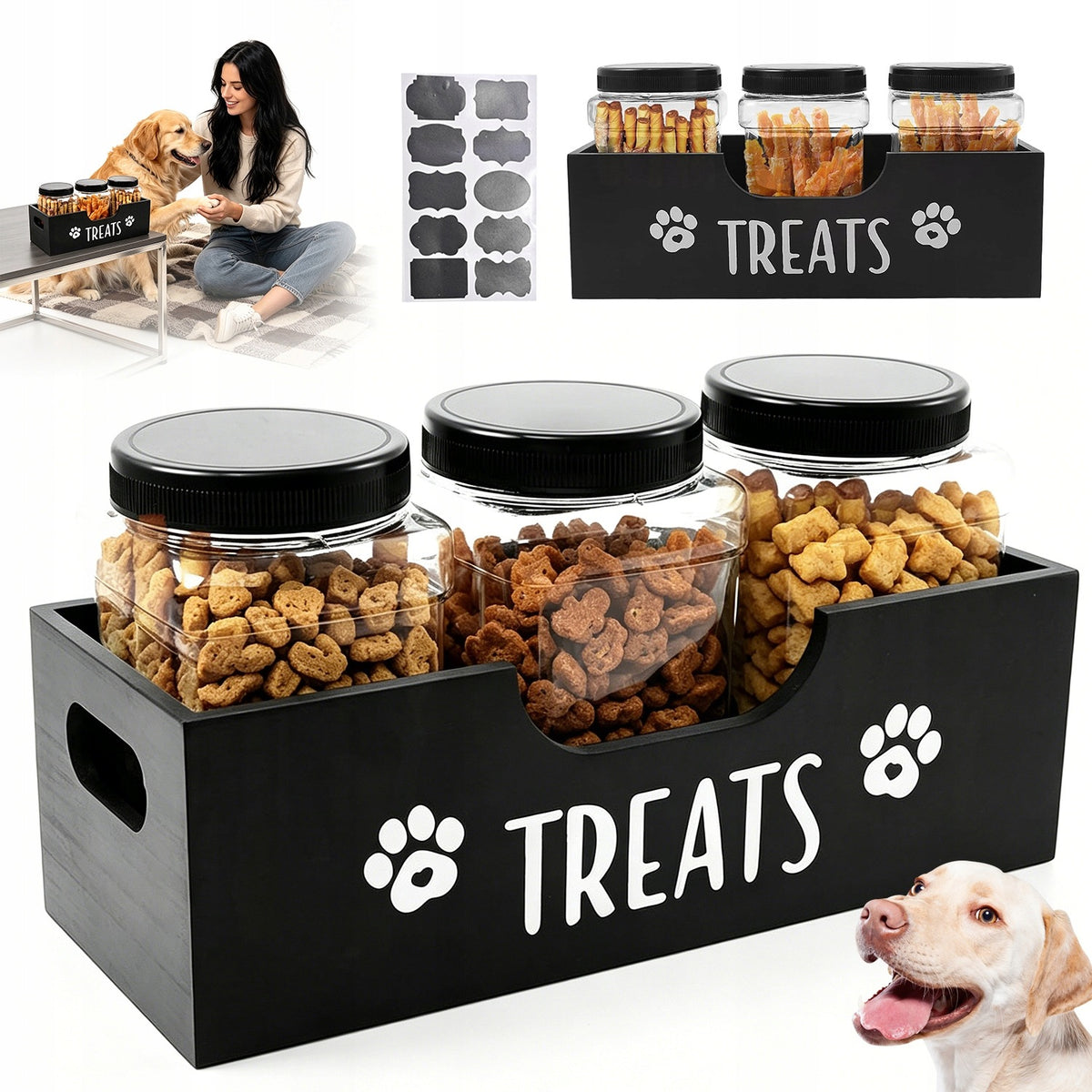 CAT DOG FOOD CONTAINERS 3 PACK WITH WOODEN ORGANIZER AND LIDS