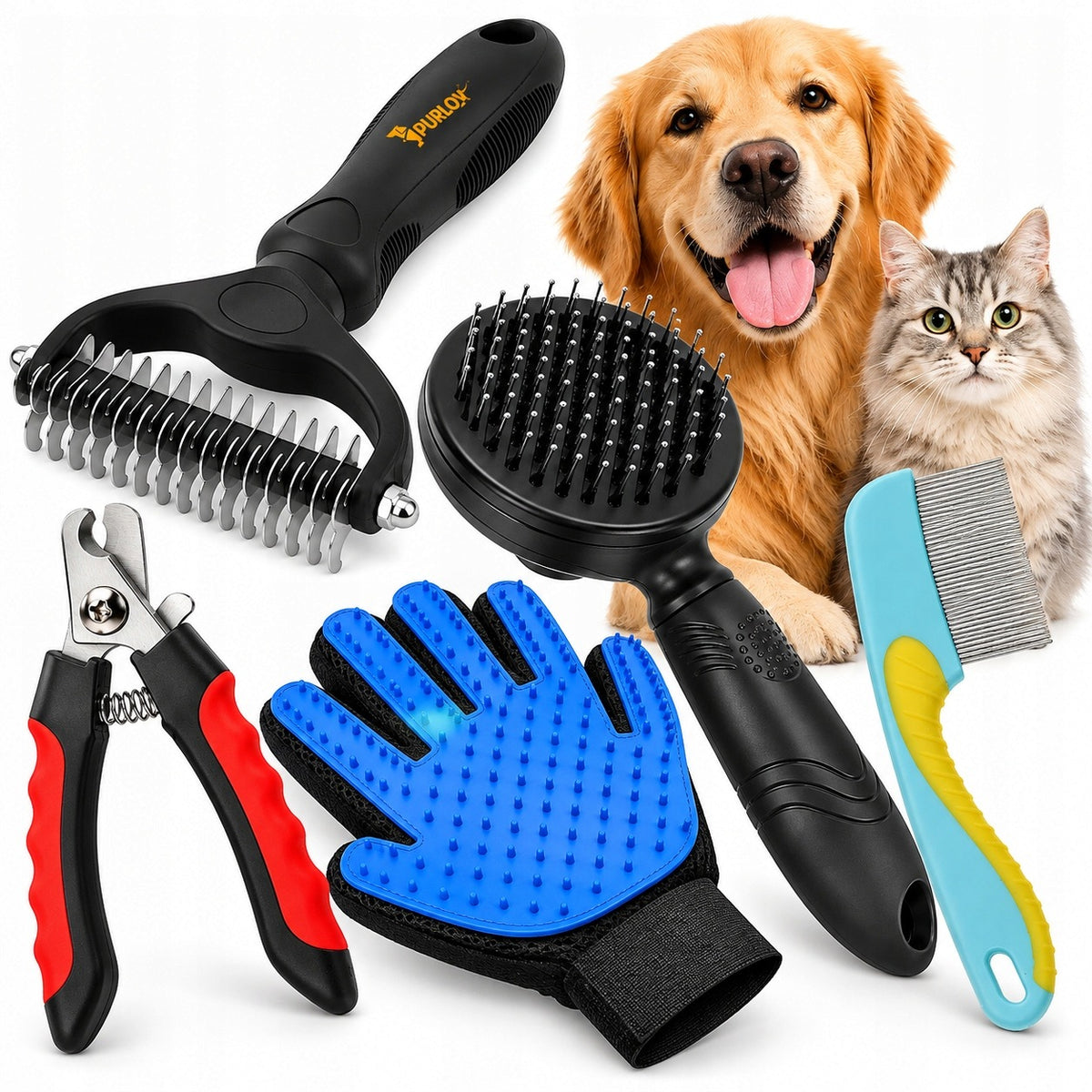 CAT DOG GROOMING KIT 5IN1 CARDED BRUSH GLOVE CLIPPERS