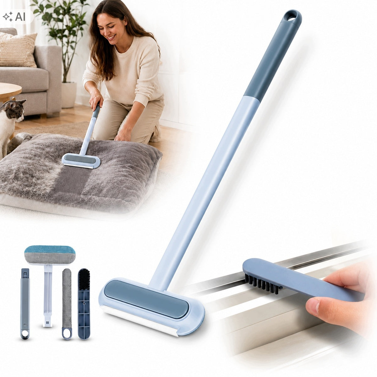 CAT DOG HAIR BRUSH COUCH CARPET CLOTHES 3IN1 LONG HANDLE