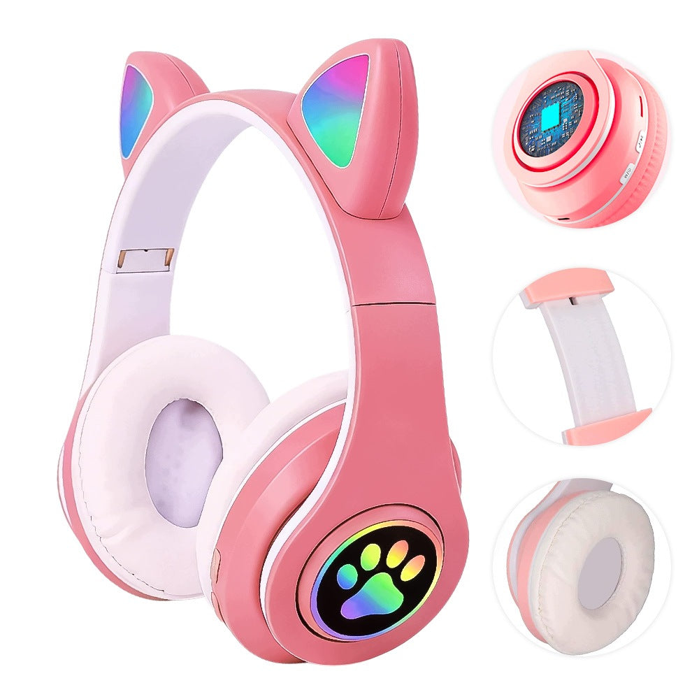 CAT EARS WIRELESS BLUETOOTH 5.0 PINK FOLDING LED HEADPHONES