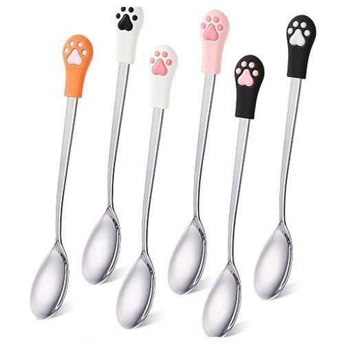 CAT FOOD SPOONS STAINLESS STEEL WITH PAW PATTERN 6 PCS STEEL SET