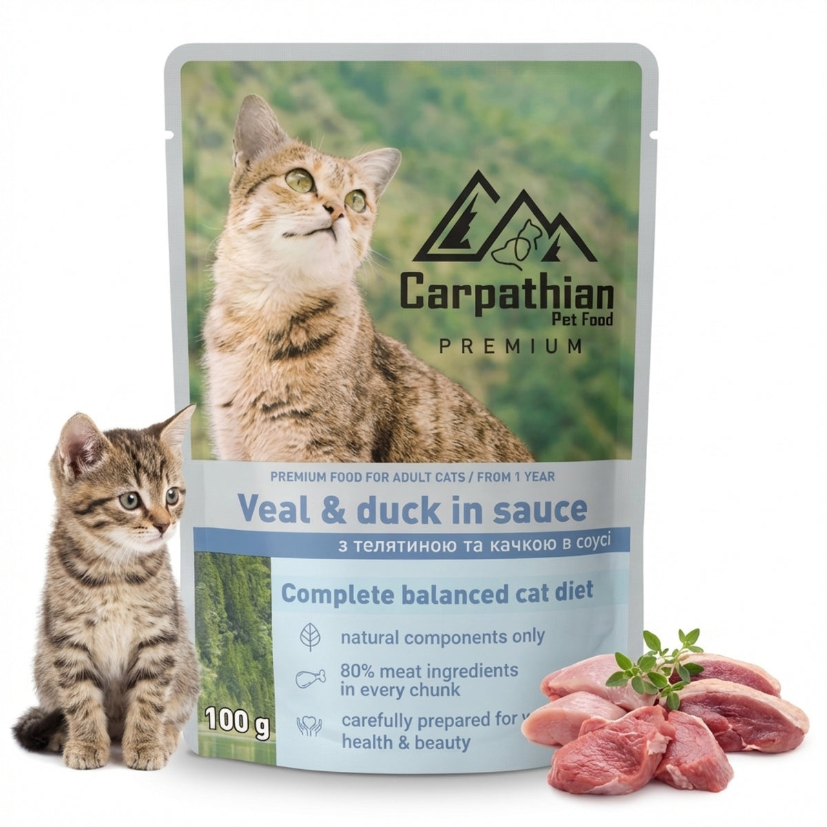 CAT FOOD WET DUCK AND VEAL 100g CARPATHIAN SACHET