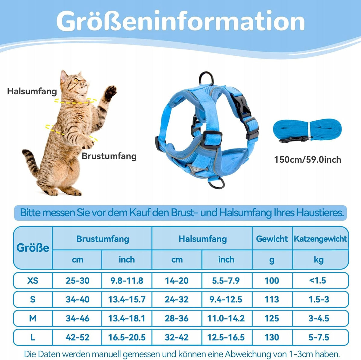 CAT HARNESS ADJUSTABLE LIGHT BLUE SIZE L BREATHABLE WITH LEASH Brand no brand