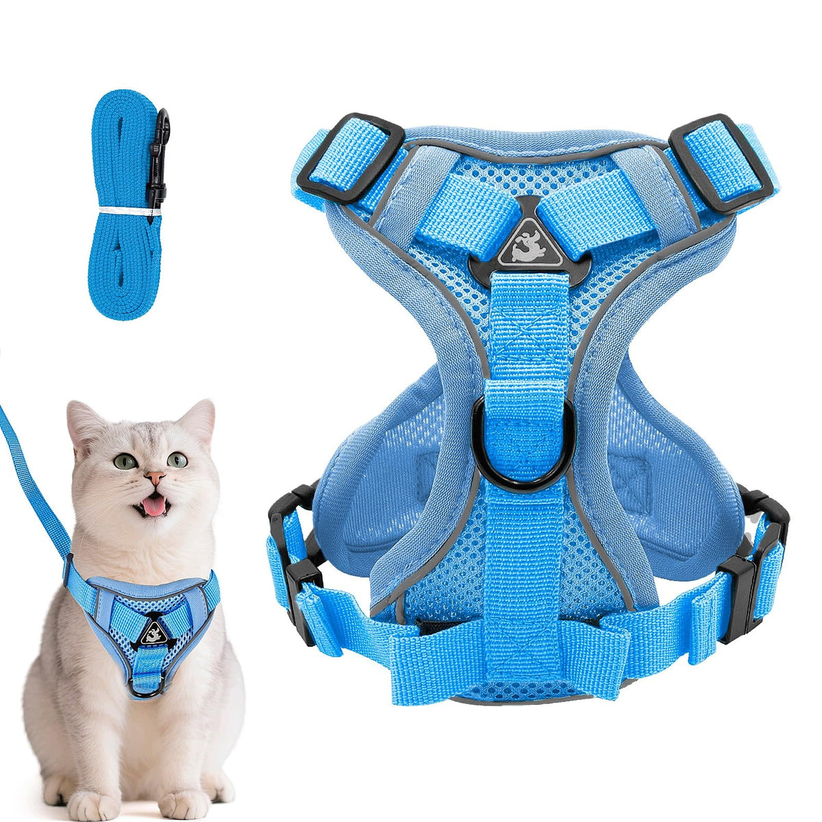 CAT HARNESS ADJUSTABLE LIGHT BLUE SIZE L BREATHABLE WITH LEASH