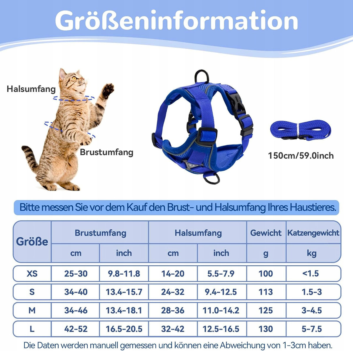 CAT HARNESS ADJUSTABLE SIZE M BLUE NET WITH LEASH 150CM Brand no brand