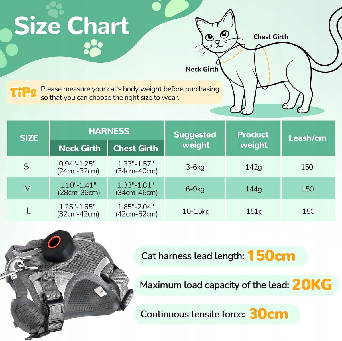 CAT HARNESS NYLON REFLECTIVE WITH LEASH DARK GRAY SIZE S Brand no brand