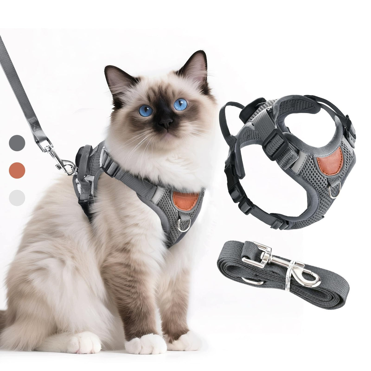 CAT HARNESS NYLON REFLECTIVE WITH LEASH DARK GRAY SIZE S
