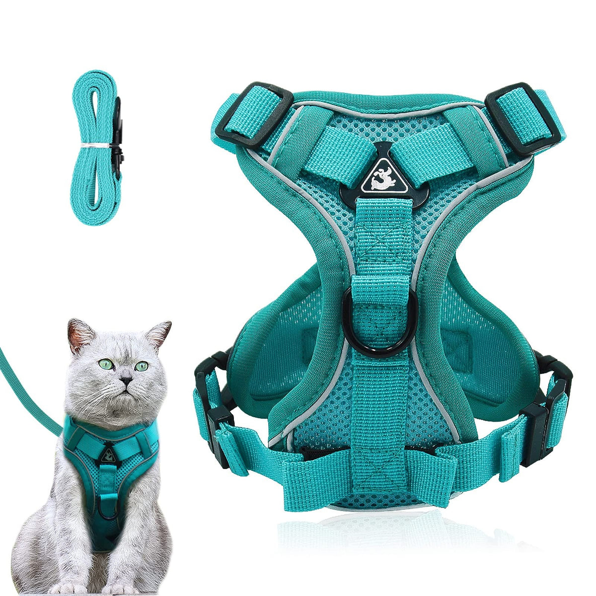 CAT HARNESS TURQUOISE L ADJUSTABLE MESH WITH LEASH BREATHABLE