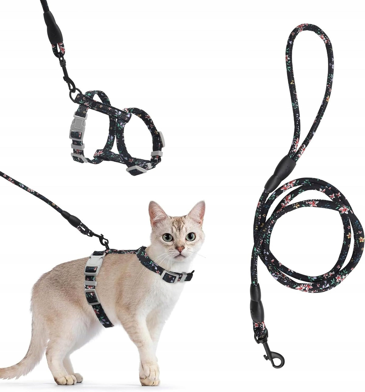 CAT HARNESS WITH LEASH ADJUSTABLE BLACK WITH SAFETY BUCKLE