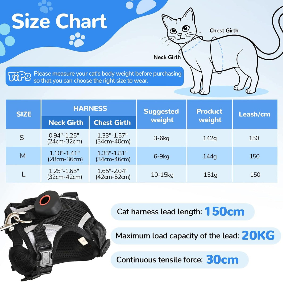 CAT HARNESS WITH LEASH HARNESS REFLECTIVE NYLON BLACK SIZE S Brand no brand