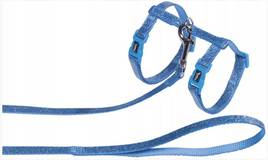 CAT HARNESS WITH LEASH SET BLUE GLAMOUR SHINY NOBBY