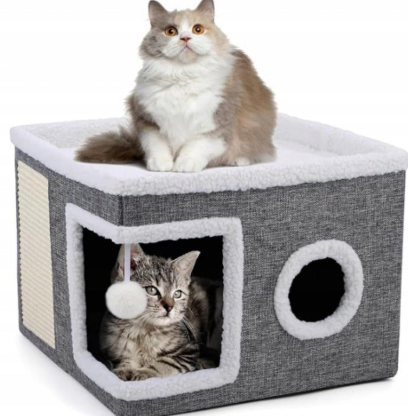 CAT HOUSE 2-LEVEL FOLDING BED BOOTH SCRATCHING POST GREY 42x42x35cm Manufacturer code DOMEK DLA KOTA 2-POZIOMOWY LEGOWISKO