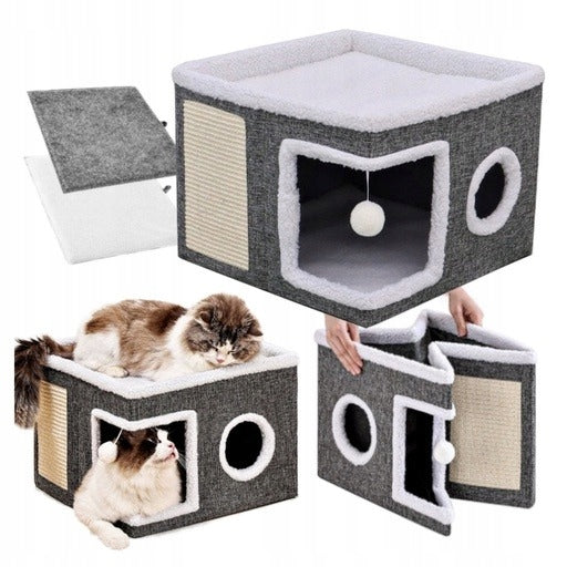 CAT HOUSE 2-LEVEL FOLDING BED BOOTH SCRATCHING POST GREY 42x42x35cm