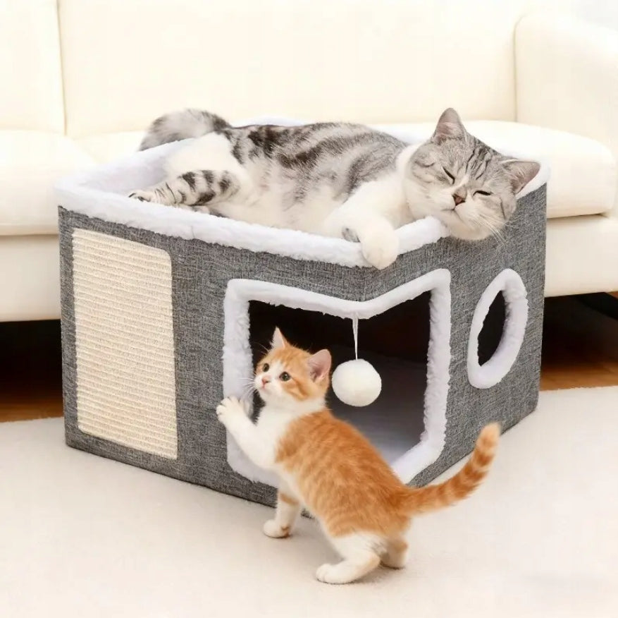 CAT HOUSE 2-TIER FOLDING BED BOOTH SCRATCHING POST GREY 42x42x31cm Brand no brand