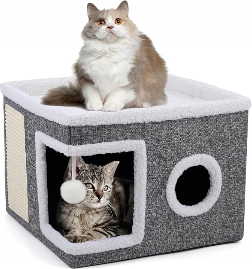 CAT HOUSE 2-TIER FOLDING BED BOOTH SCRATCHING POST GREY 42x42x31cm Kind cat house