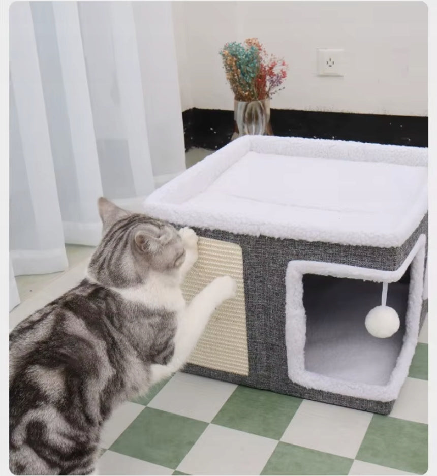 CAT HOUSE 2-TIER FOLDING BED BOOTH SCRATCHING POST GREY 42x42x31cm Length 421 cm