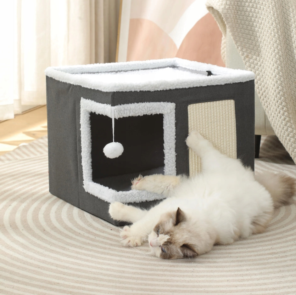 CAT HOUSE 2-TIER FOLDING BED BOOTH SCRATCHING POST GREY 42x42x31cm Trade name DOMEK DLA KOTA 2w1 LEGOWISKO SKŁADANY