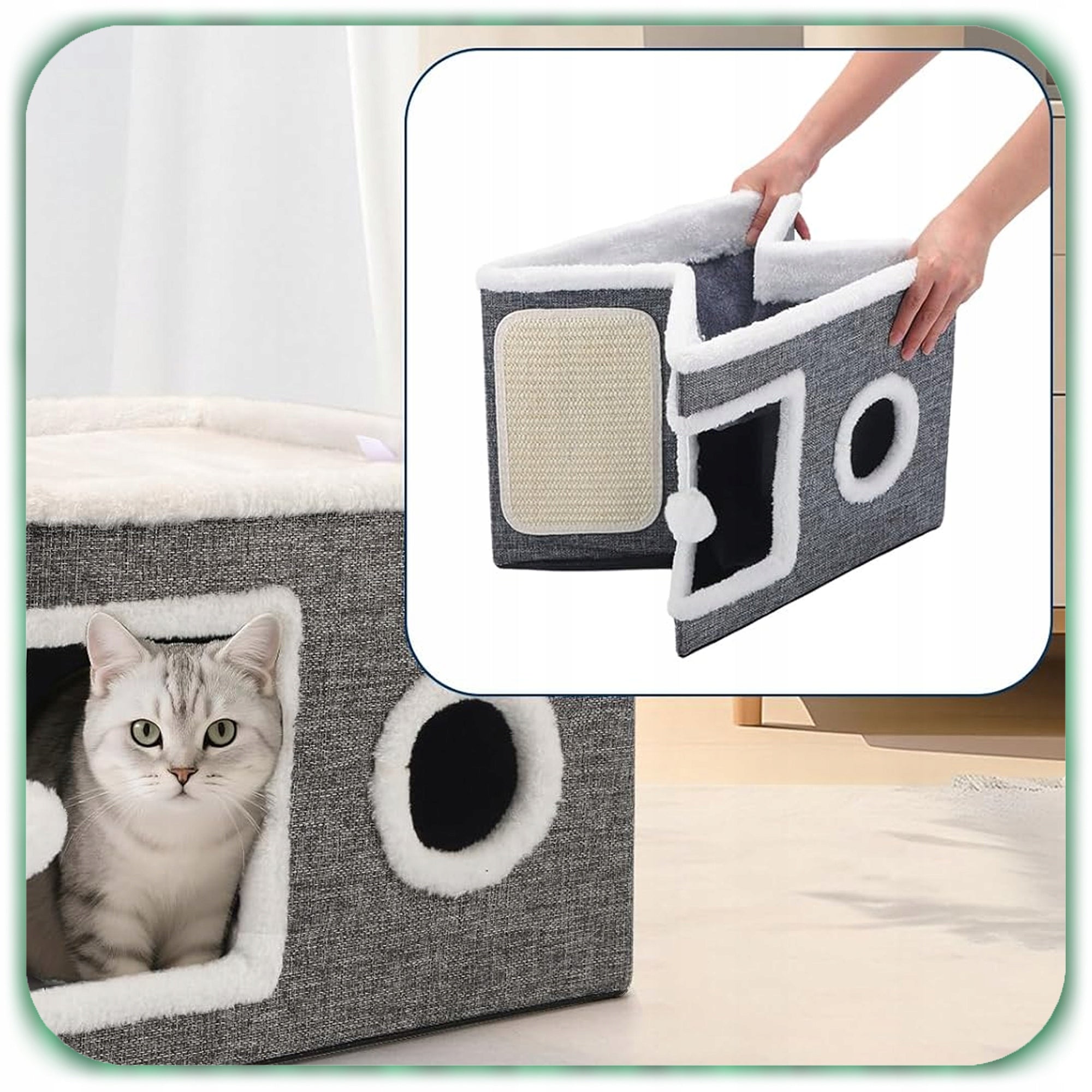CAT HOUSE FOLDING BED BOOTH 42x42x31cm SCRATCHING POST GREY 2 LEVELS Kind cat house