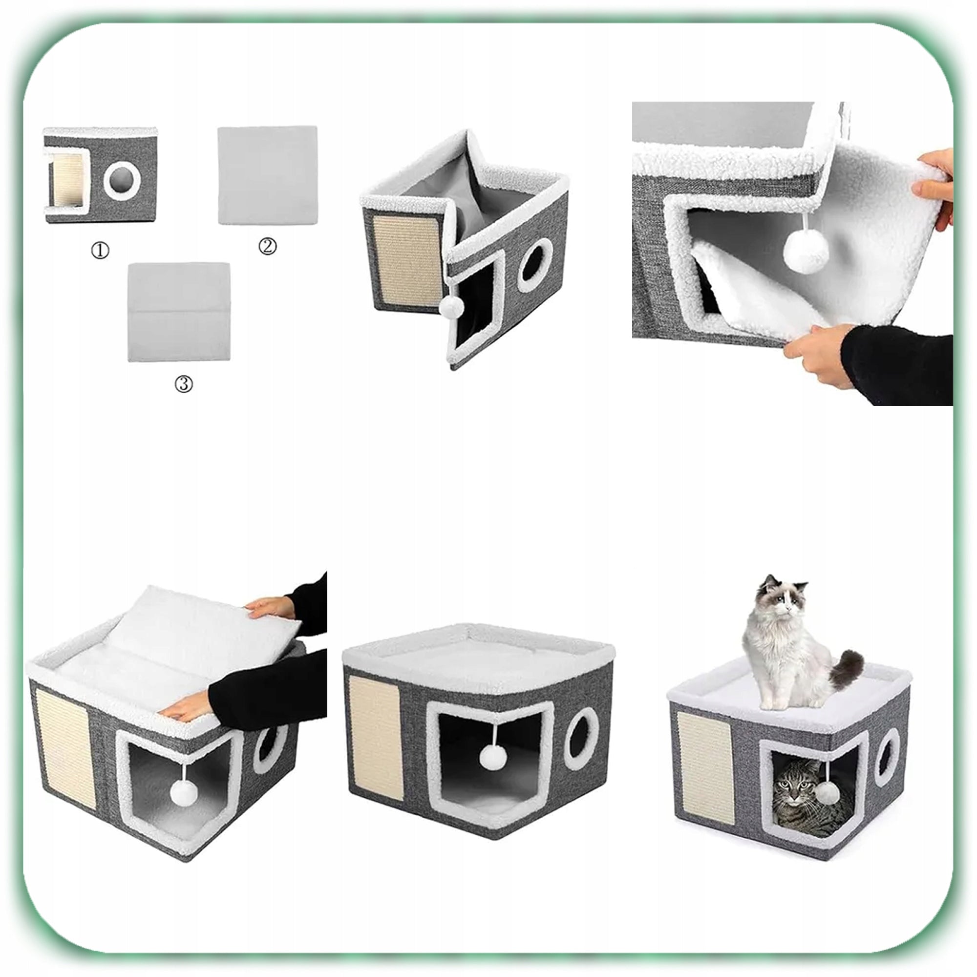 CAT HOUSE FOLDING BED BOOTH 42x42x31cm SCRATCHING POST GREY 2 LEVELS Length 42 cm