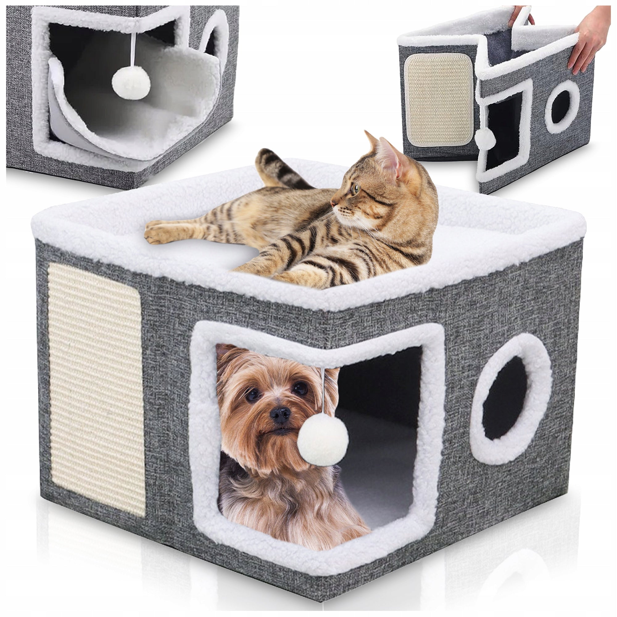CAT HOUSE FOLDING BED BOOTH 42x42x31cm SCRATCHING POST GREY 2 LEVELS
