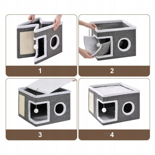 CAT HOUSE WITH SCRATCHING POST AND BED FOLDING 2IN1 FLUFFY WITH TOY Brand Okazeo