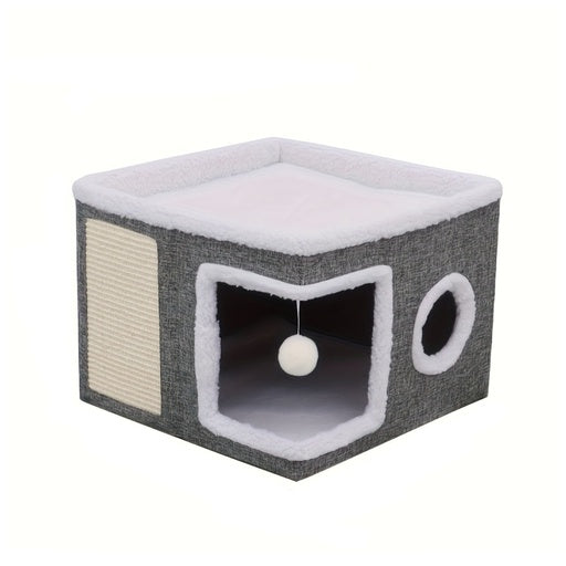 CAT HOUSE WITH SCRATCHING POST AND BED FOLDING 2IN1 FLUFFY WITH TOY Manufacturer code OK-1175