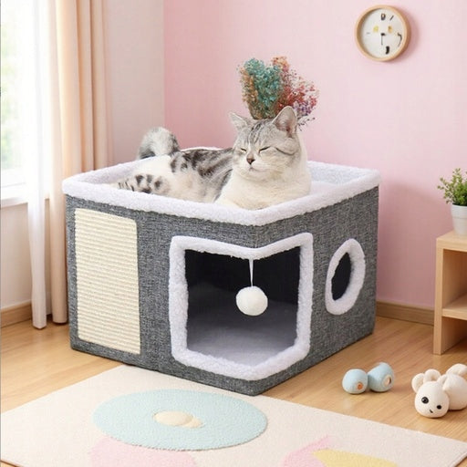 CAT HOUSE WITH SCRATCHING POST AND BED FOLDING 2IN1 FLUFFY WITH TOY Mounting location freestanding