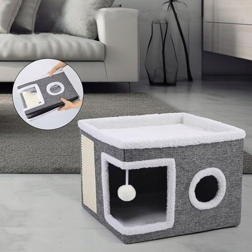 CAT HOUSE WITH SCRATCHING POST AND BED FOLDING 2IN1 FLUFFY WITH TOY Product width 42 cm