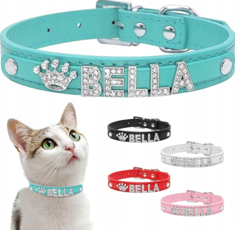CAT IDENTIFIER LEATHER COLLAR WITH NAME PERSONALIZED BLUE