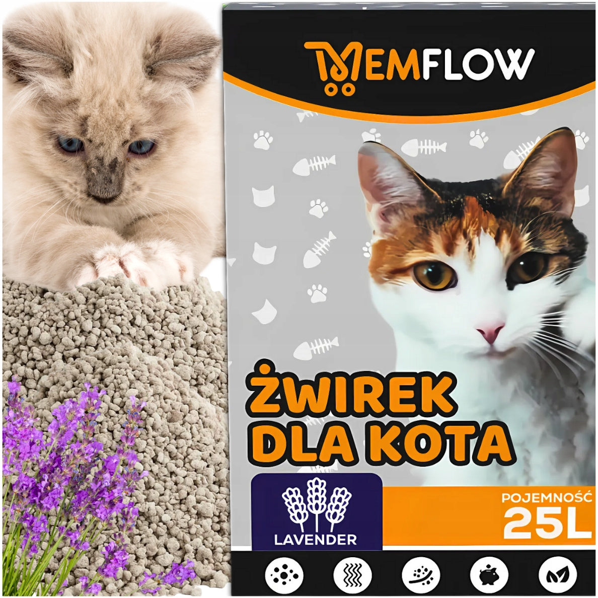 CAT LITTER 25L BENTONITE LAVENDER CLUMPING FOR LITTER BOX SAFE Manufacturer code ŻWIREK BENTONITOWY 25L MEMFLOW