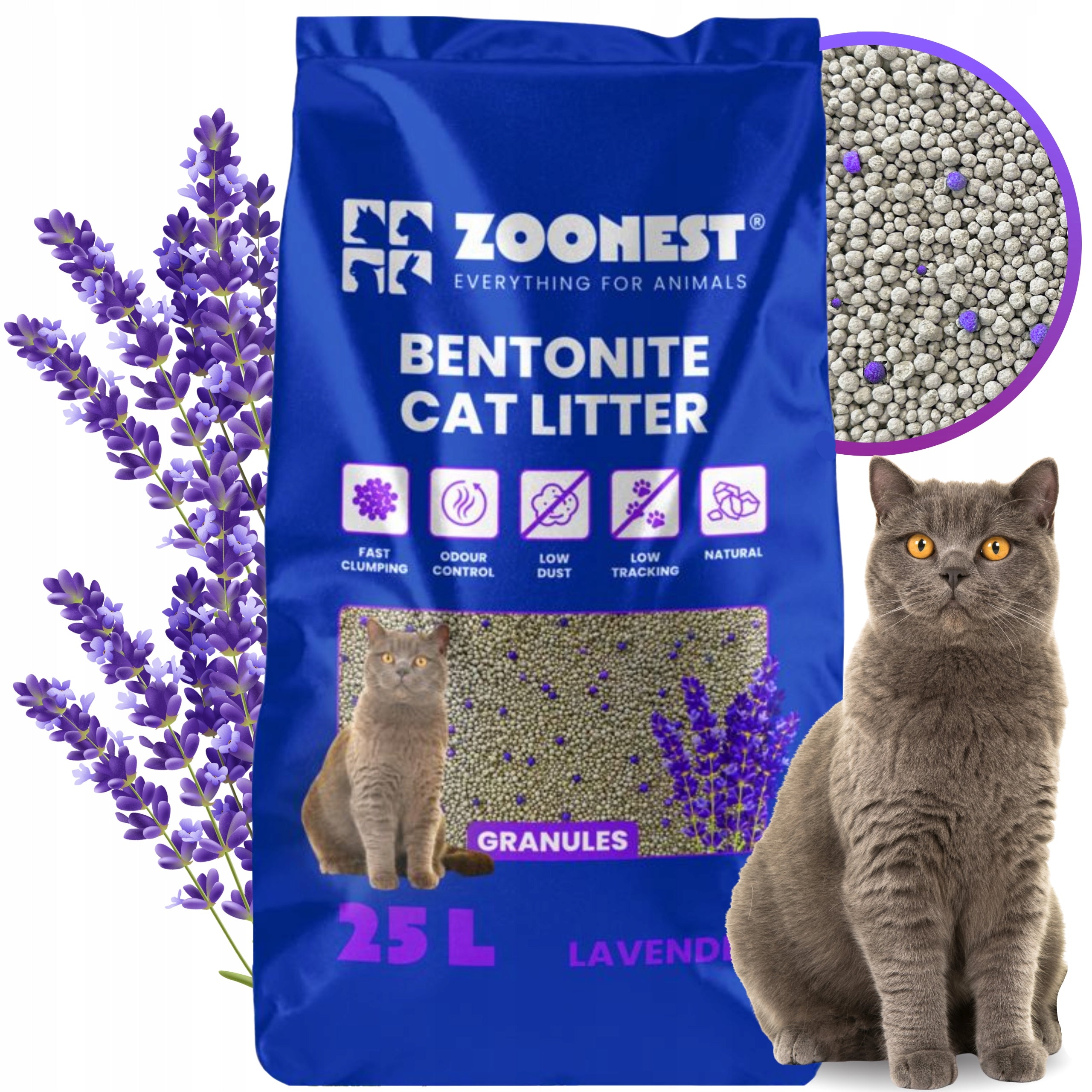 CAT LITTER BENTONITE LAVENDER CLUMPING DUST-FREE ZOONEST 25L
