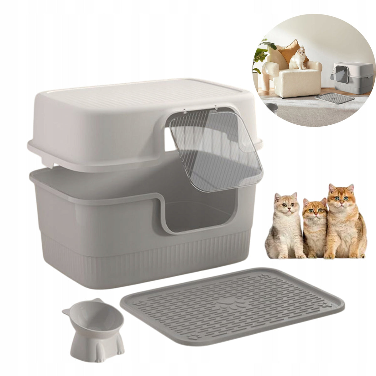 CAT LITTER BOX BUILT-IN LITTER BOX LARGE DURABLE WITH SPATULA + BOWL FOR