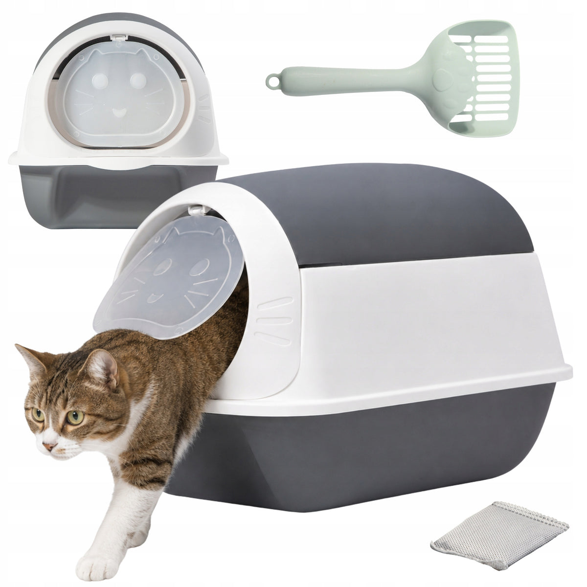 CAT LITTER BOX CLOSED LARGE BUILT-IN WITH filter grey + SPATULA FILTER