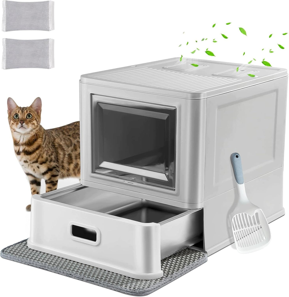 CAT LITTER BOX CLOSED STEEL WITH LID DRAWER MAT