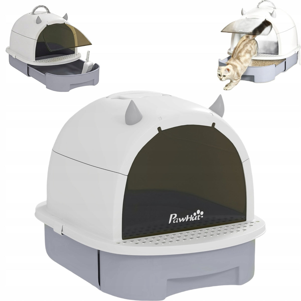CAT LITTER BOX CLOSED WITH PULL-OUT DRAWER AND LITTER RETENTION MAT