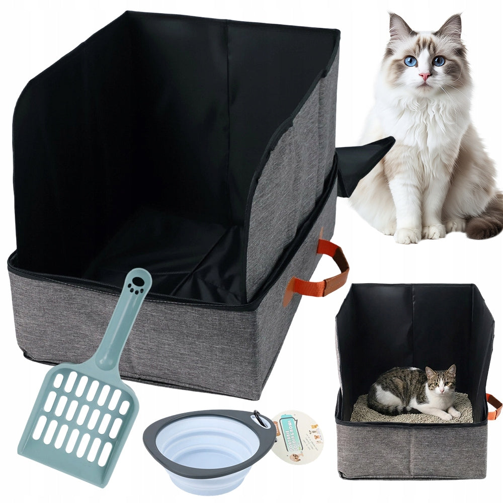 CAT LITTER BOX FOLDING WITH HANDLE AND BOWL IN GRAY FOLDING STRAP