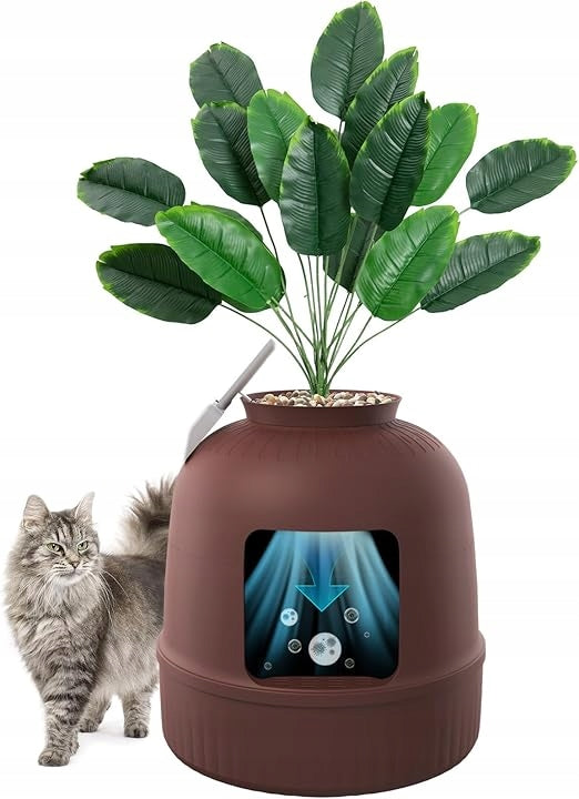 CAT LITTER BOX IN A POT SHAPE WITH AN ARTIFICIAL CAT PLANT