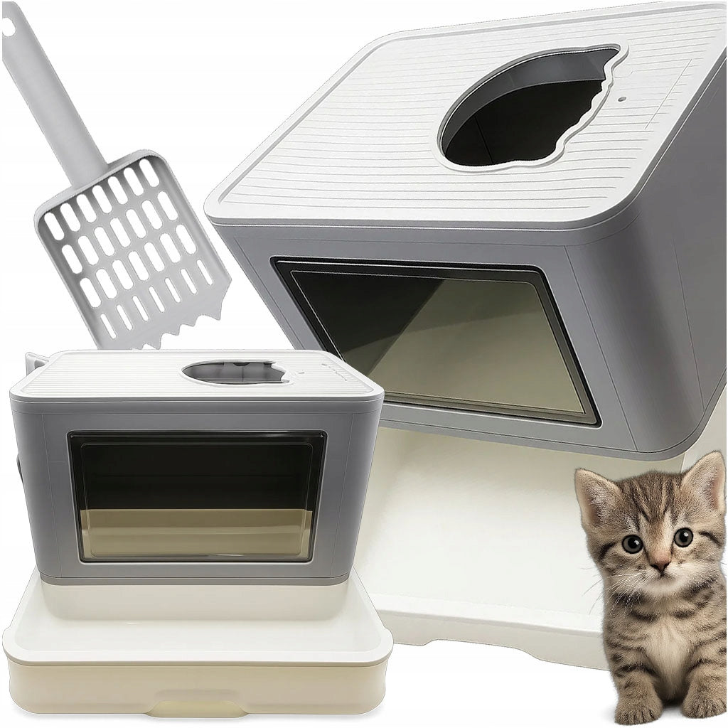 CAT LITTER BOX LARGE COVERED WITH DRAWER LITTER BUILT-IN SPATULA CLOSED