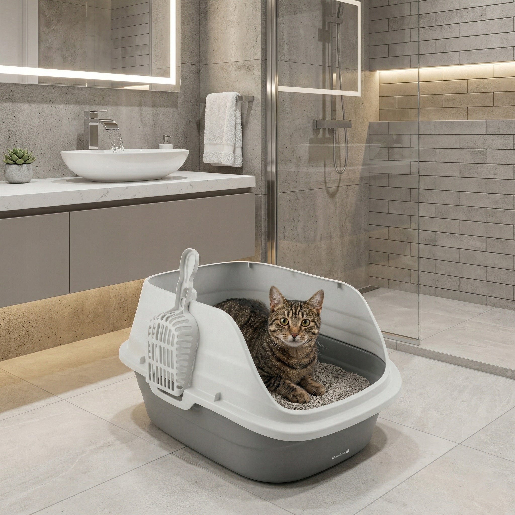 CAT LITTER BOX LARGE FOR LITTER SPATULA TOILET OPEN WITH FRAME HIGH RIM Model KUWETA DLA KOTA DUŻA NA ŻWIREK TOALETA OTWARTA