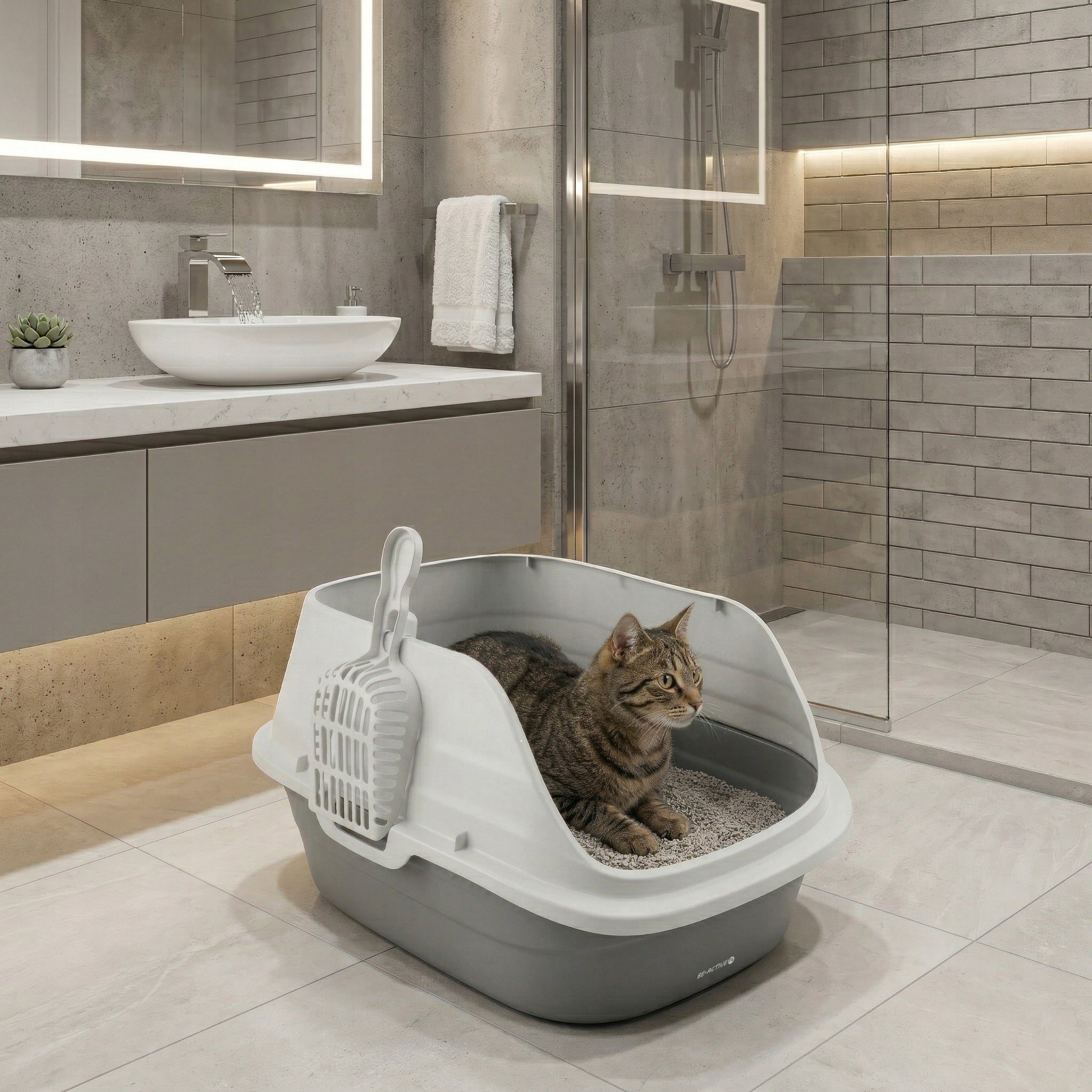CAT LITTER BOX LARGE FOR LITTER SPATULA TOILET OPEN WITH FRAME HIGH RIM Trade name KK-04 kuweta otwarta z łopatką biało-szara