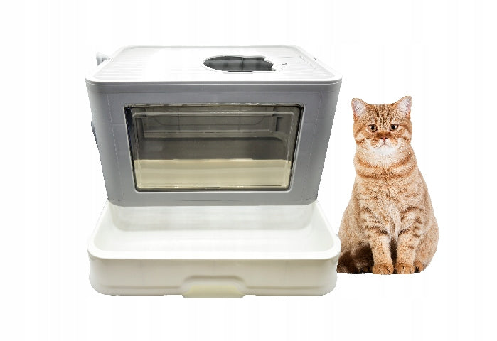 CAT LITTER BOX LARGE HORIZONTAL FOLDING WITH DRAWER GREY + SPATULA
