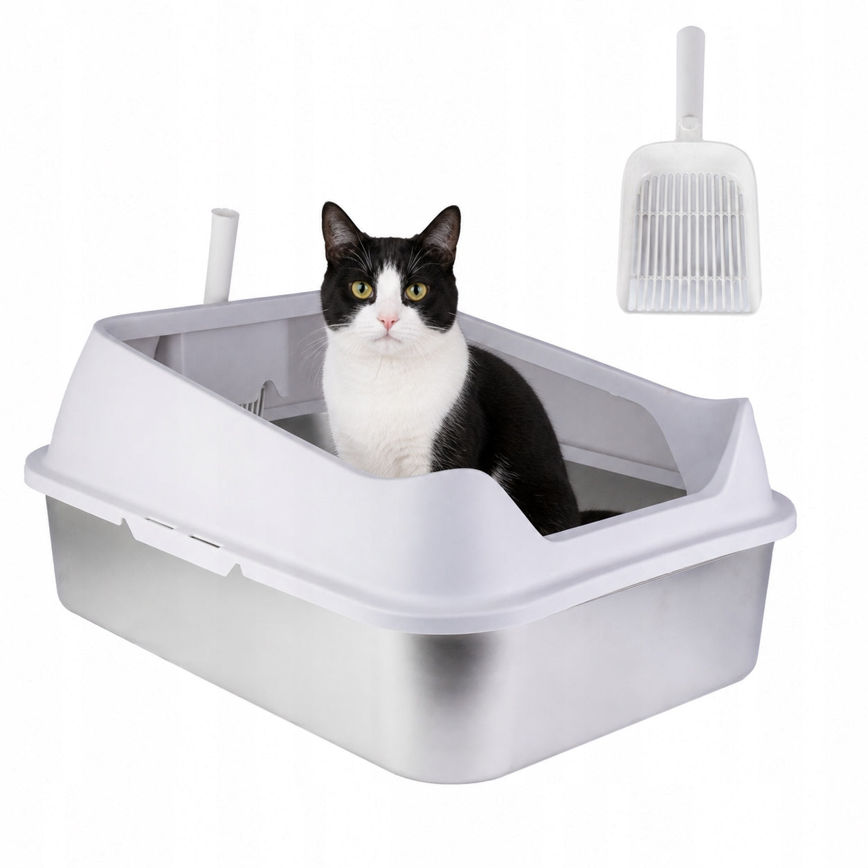 CAT LITTER BOX LARGE OPEN STAINLESS STEEL SOLID + SPATULA 70x50xH35