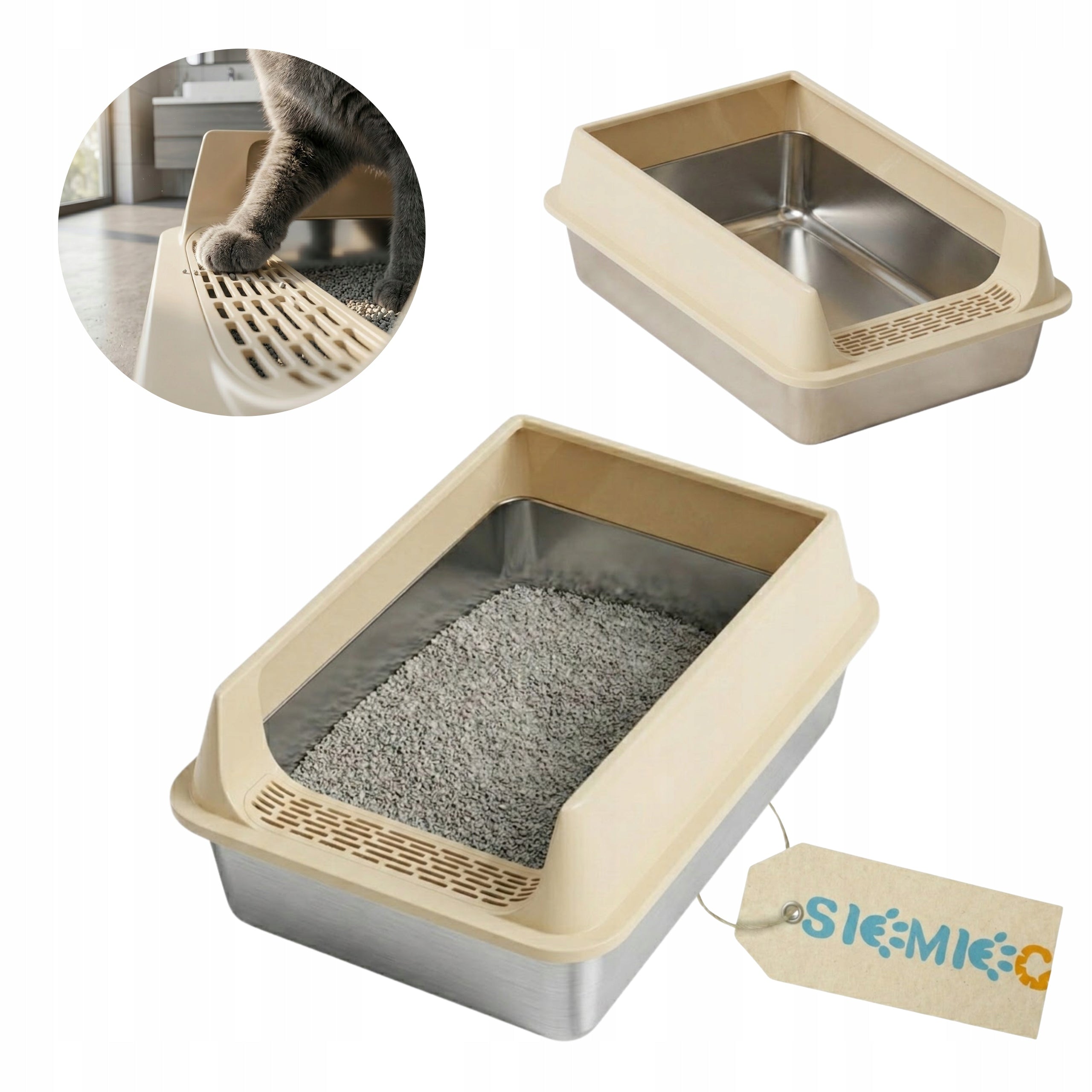 CAT LITTER BOX OPEN BEIGE r. M FOR LITTER DURABLE SOLID + SPATULA