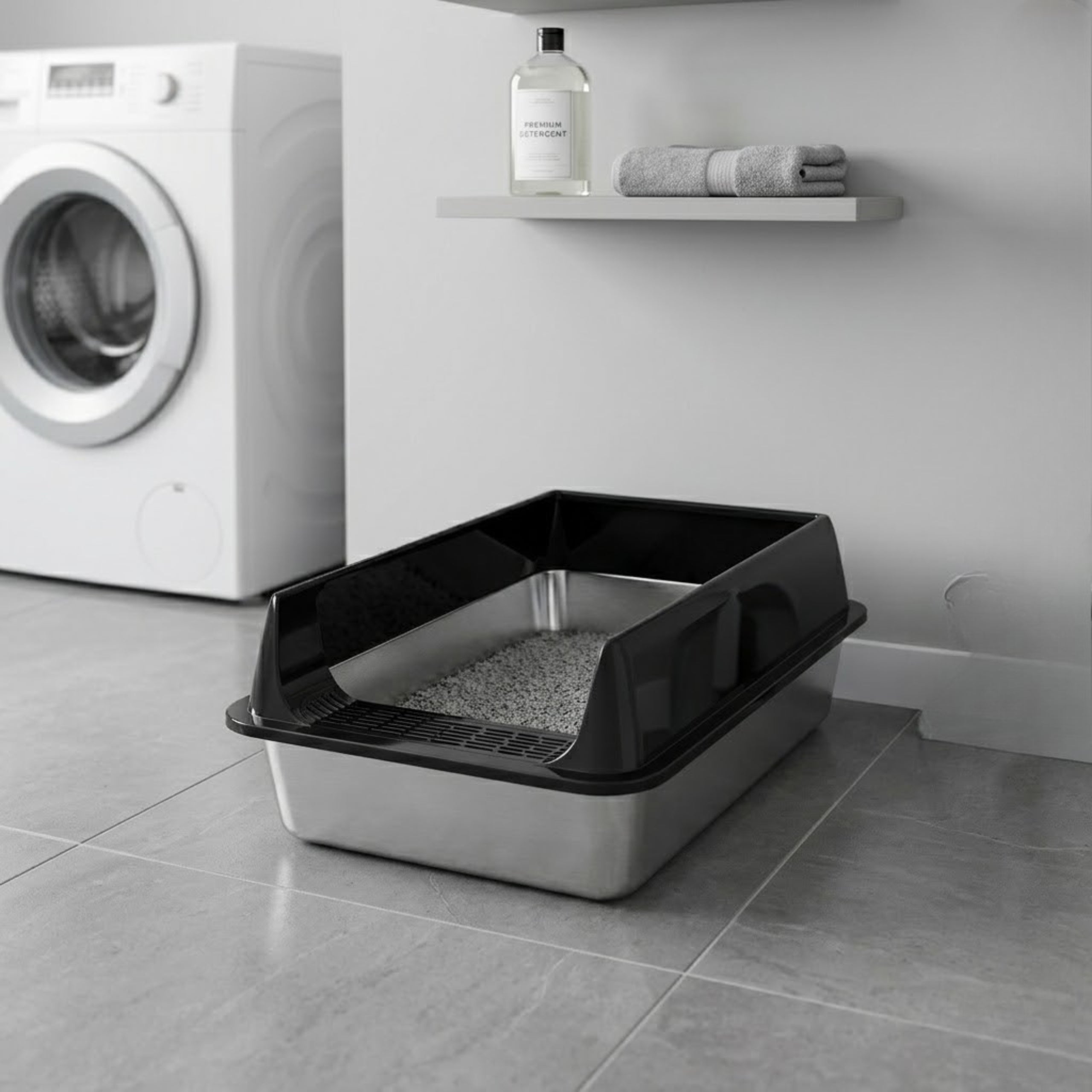 CAT LITTER BOX OPEN BLACK r. M STAINLESS STEEL SOLID + SPATULA Model KUWETA Z WEJŚCIEM OD GÓRY CZARNA
