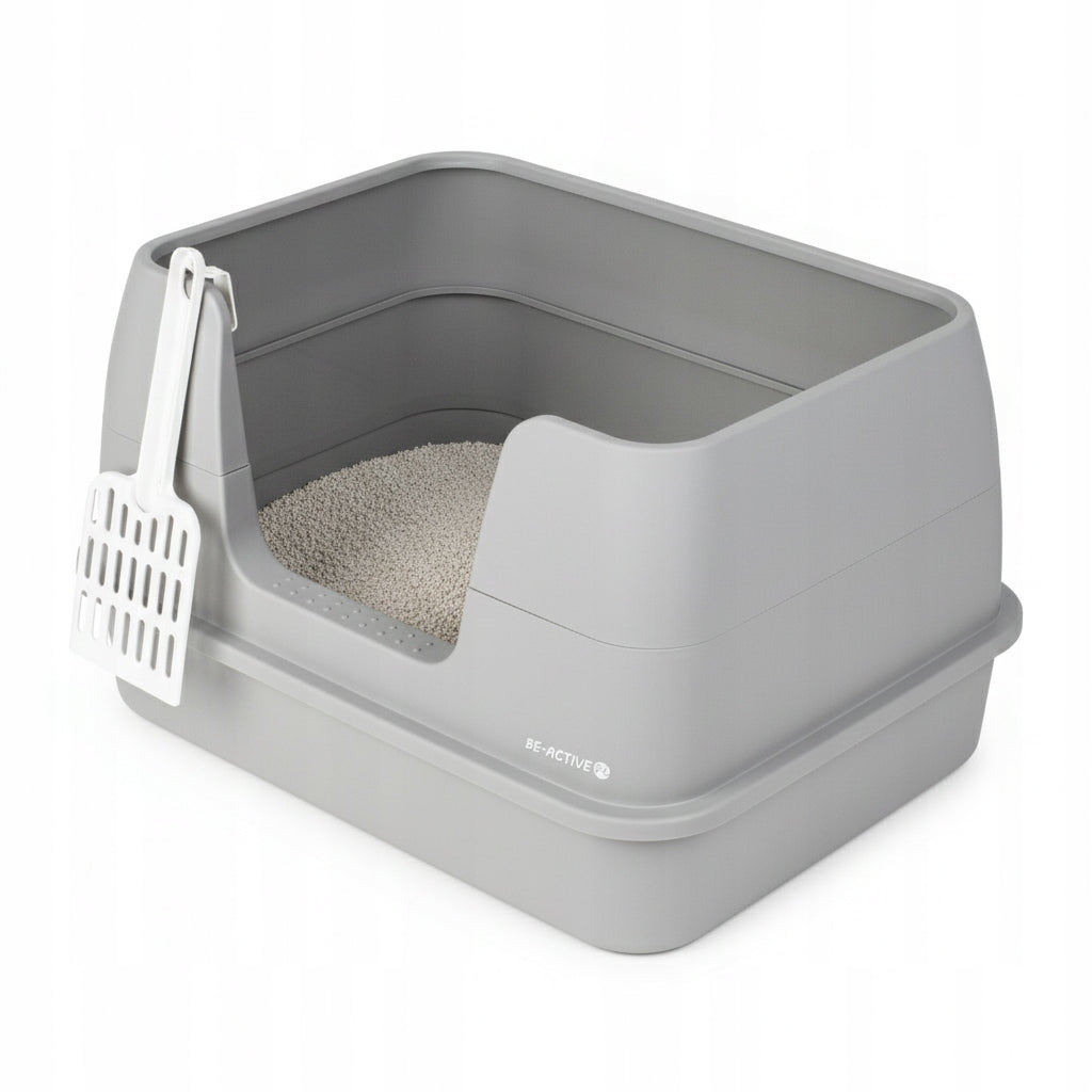 CAT LITTER BOX OPEN LARGE LITTER TOILET HIGH RIM WITH SPATULA FRAME Color gray