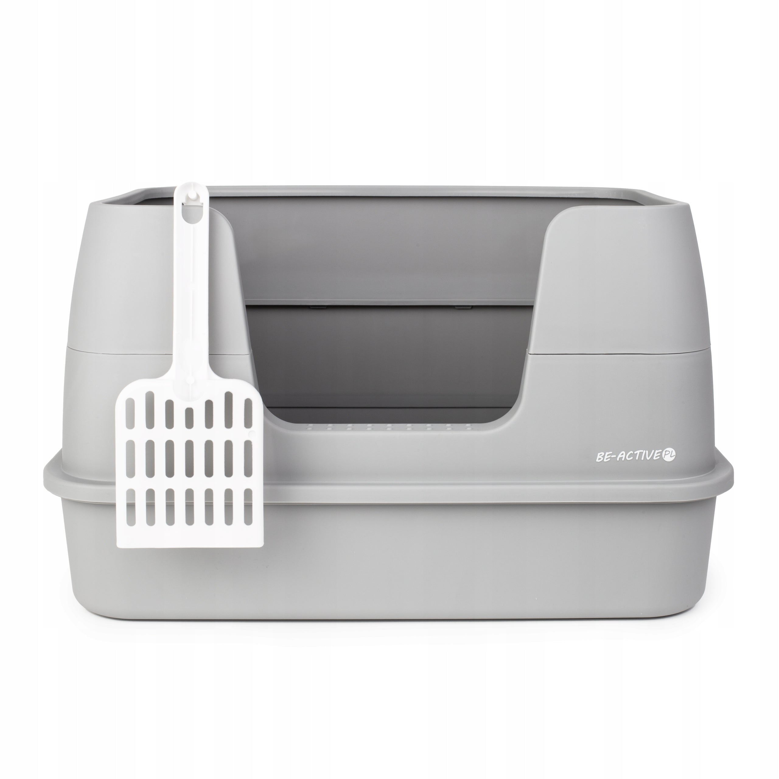 CAT LITTER BOX OPEN LARGE LITTER TOILET HIGH RIM WITH SPATULA FRAME Trade name KK03 kuweta szara otwarta z łopatką