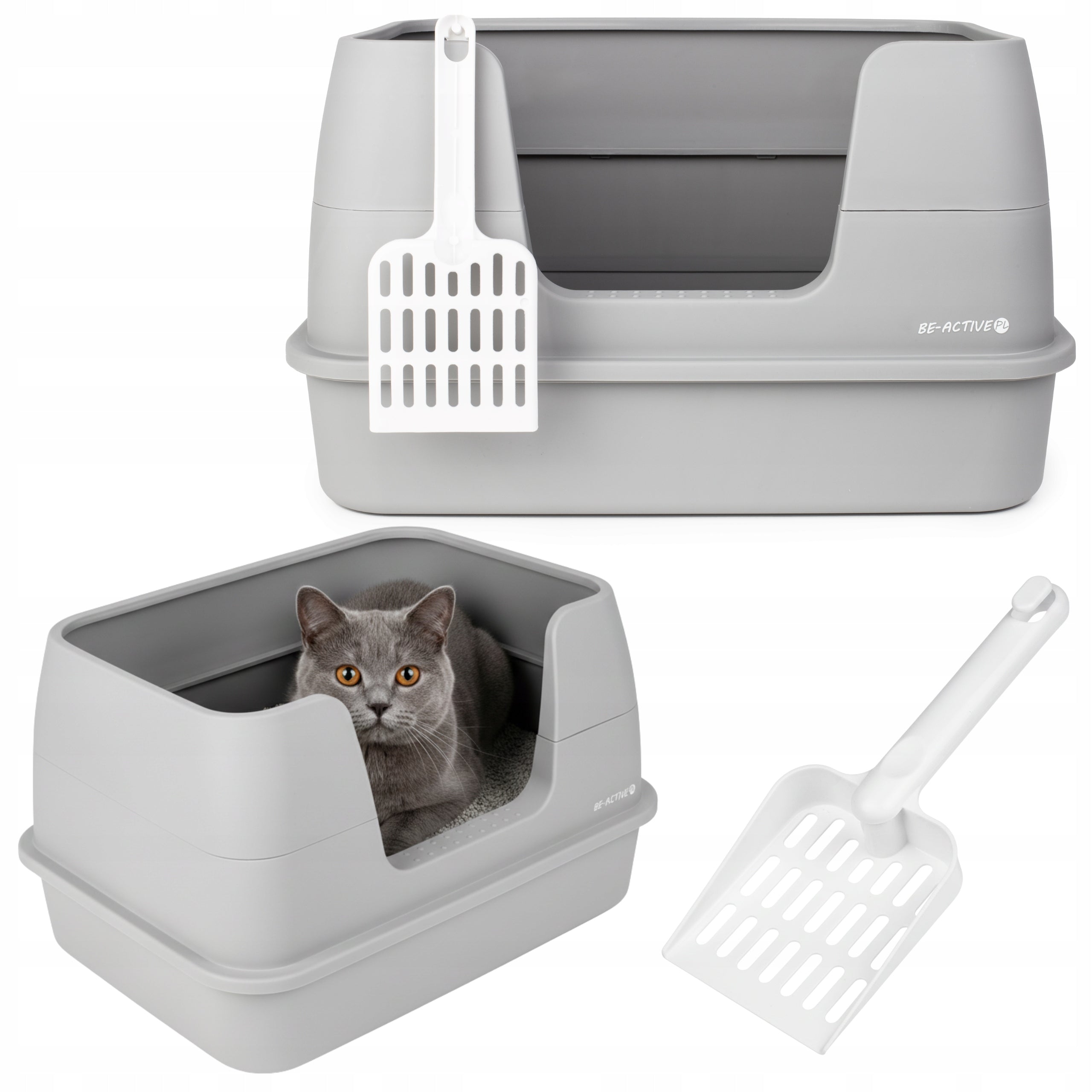 CAT LITTER BOX OPEN LARGE LITTER TOILET HIGH RIM WITH SPATULA FRAME