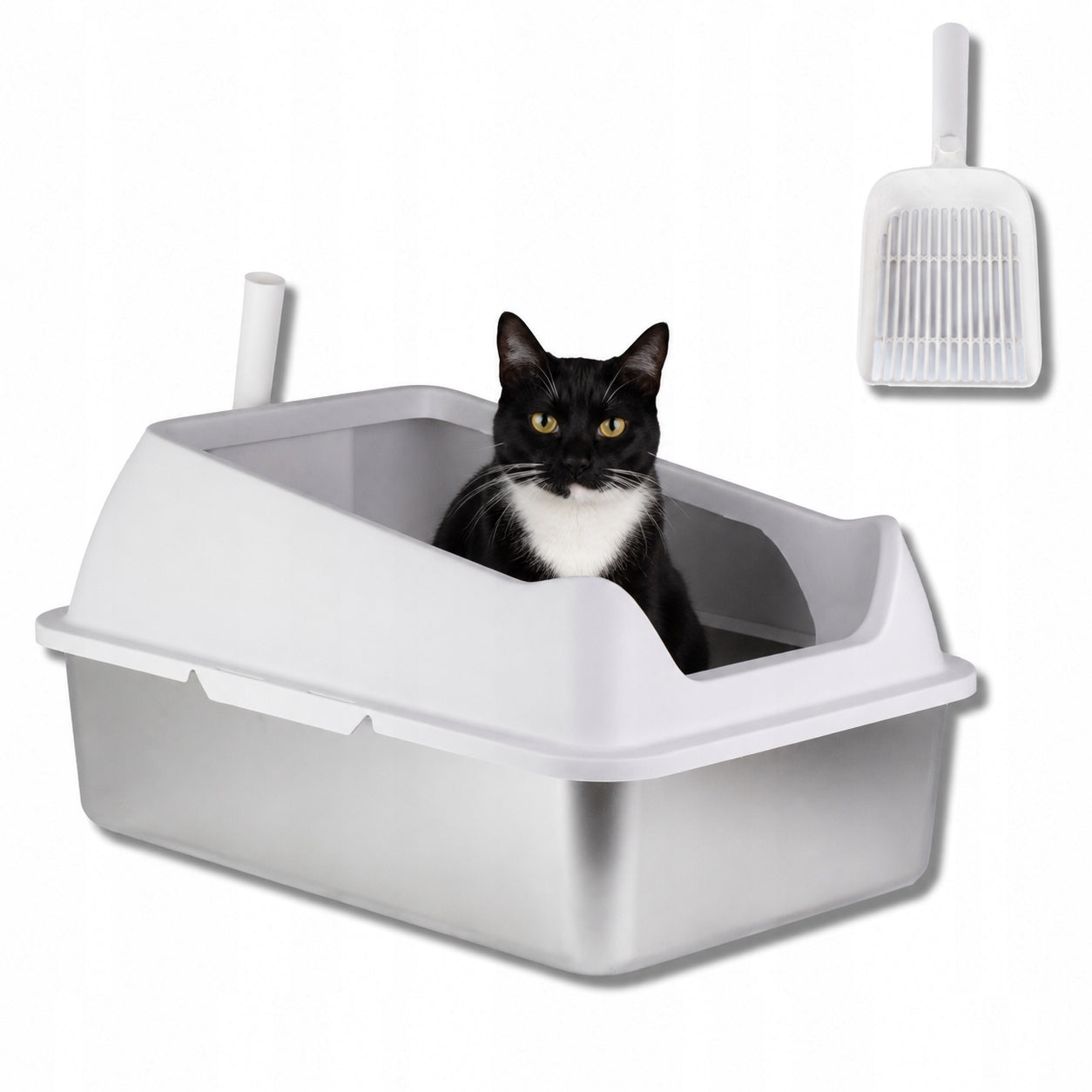 CAT LITTER BOX OPEN STAINLESS STEEL SOLID + SPATULA GREY 60x40x30cm