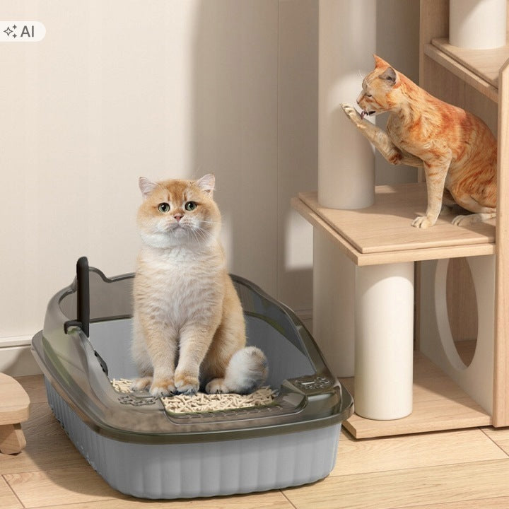 CAT LITTER BOX OPEN WITH HIGH RIM XXL GREY FOR LITTER + SPATULA Packaging status original